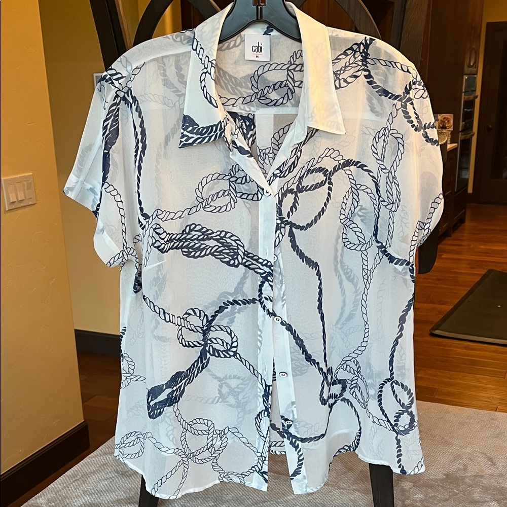 CAbi White and Navy Rope Print Blouse